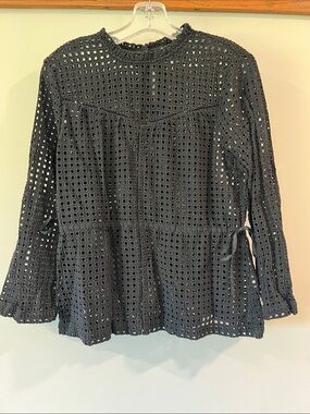 Point Sur - 2, Eyelet Peplum Long-Sleeve Top - Black, tie sides